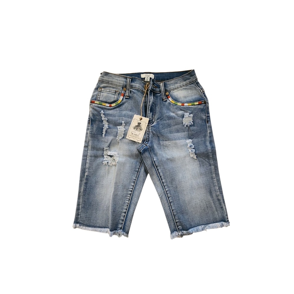 Easel Distressed Bermuda Denim Shorts Colorful Embroidered Pockets Size S NEW
